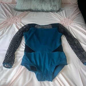Teal and Black Mesh Long Sleeve Leotard